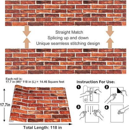 Abyssaly Brick Wallpaper Peel and Stick Red Brick Contact Paper for Bedroom 17.7" x 236" Vintage Faux Brick Wall Paper for Fireplace Kitchen Backsplash Accent Wall Home Decoration Backdrop