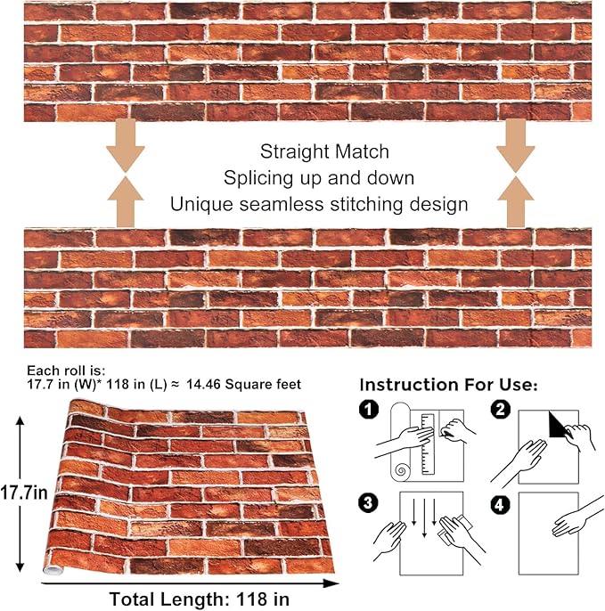 Abyssaly Brick Wallpaper Peel and Stick Red Brick Contact Paper for Bedroom 17.7
