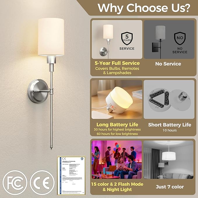 DORESshop Battery Operated Wall Sconce Set of 2, Wireless Wall Light Easy to Install, 7 Color Rechargeable Wall Sconces, Sconce Wall Decor Set of 2 for Bedroom, Living Room, Nickel, 24.3in
