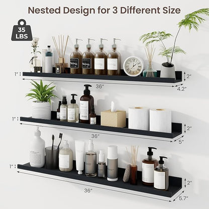 Axeman 36 Inch Floating Shelves | Black Picture Ledge Shelf Set of 3 | Rustic Wood Wall Shelves with Lip | 36" Black Picture Shelf for Wall with Ledge | Photo Shelves