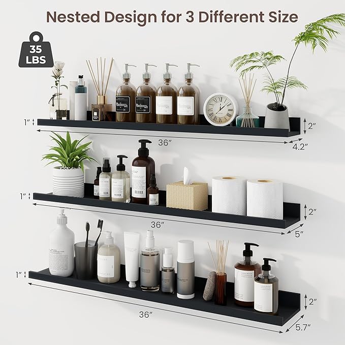 Axeman 36 Inch Floating Shelves | Black Picture Ledge Shelf Set of 3 | Rustic Wood Wall Shelves with Lip | 36