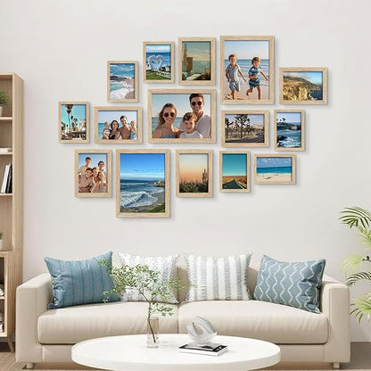 BESCRCL 15 Pack Real Glass Picture Frames Collage Wall Decor, Including 3pcs 8x10, 6pcs 5x7, 6pcs 4x6 Photo Frames for Gallery Wall or Tabletop Display, Natural Woodgrain