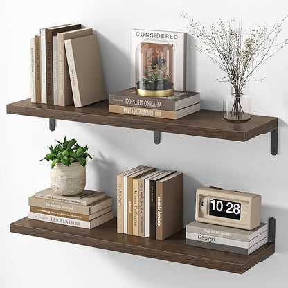 Marsmiles Extra Wide Floating Shelves for Wall, 32x8 Inch Natural Wood Grain Bookshelves, Heavy Duty Mounted Shelving for Bathroom, Kitchen, Living Room, Bedroom,Set of 2，Walnut