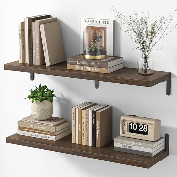 Marsmiles Extra Wide Floating Shelves for Wall, 32x8 Inch Natural Wood Grain Bookshelves, Heavy Duty Mounted Shelving for Bathroom, Kitchen, Living Room, Bedroom,Set of 2，Walnut