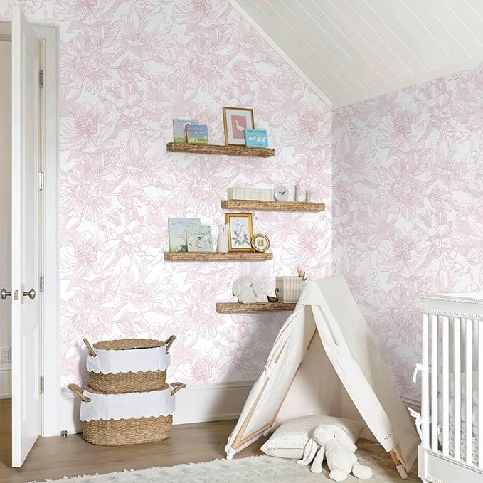 Ismoon Large Floral Peel and Stick Wallpaper Boho White/Pink Contact Paper 17.3inx32.7ft Removable Self Adhesive Bedroom Cabinet Mural Wall Decor Vinyl Roll