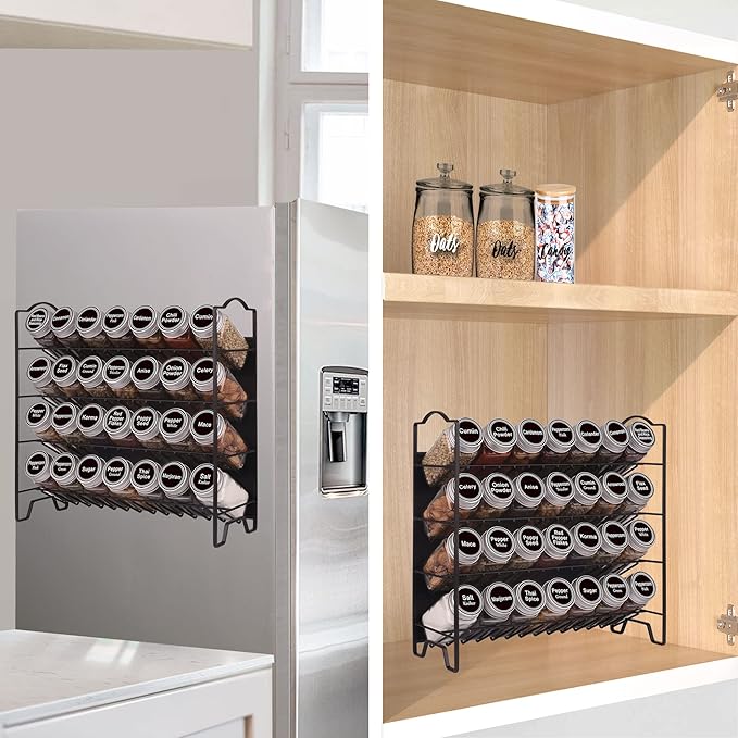 SWOMMOLY Magnetic Spice Rack Organizer with 28 Glass Spice Jars, 396 Spice Labels with Chalk Marker and Funnel Set for Refrigerator, Metal Fridge, Microwave, Cabinet, Countertop,12.9