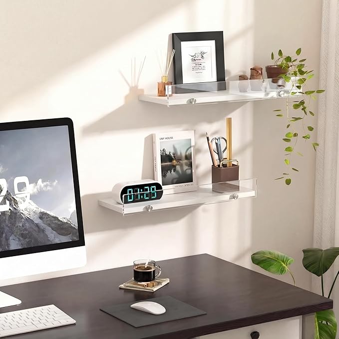 Floating Shelves with Acrylic Front Lip，15.7 IN Wall Shelves for Decor Storage Set of 3， Wall Mounted Wood Shelf for Bedroom, Living Room, Bathroom, Kitchen, Picture Shelf, White