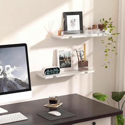 Floating Shelves with Acrylic Front Lip，15.7 IN Wall Shelves for Decor Storage Set of 3， Wall Mounted Wood Shelf for Bedroom, Living Room, Bathroom, Kitchen, Picture Shelf, White