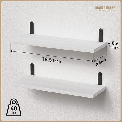 RICHER HOUSE Floating Wall Shelves, Rustic Wood Bathroom Shelves Set of 2, Farmhouse Style Shelf for Décor, Hanging Bedroom, Storage, Kitchen, Living Room - White