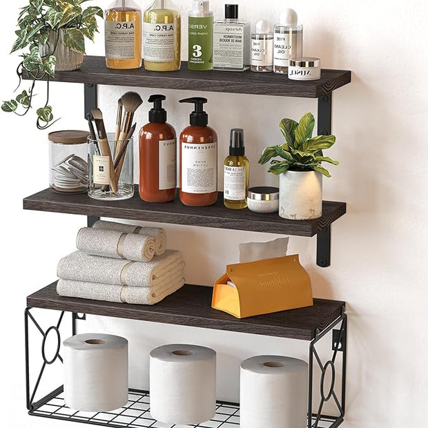 Amada Bathroom Shelves Over Toilet with Storage Basket, Floating Wall Shelf for Home Organization & Wall Decor, Bathroom/Kitchen/Living Room Shelves–Rustic Brown | with Storage Basket, Wall Decor, Bathroom, Kitchen, Living Room