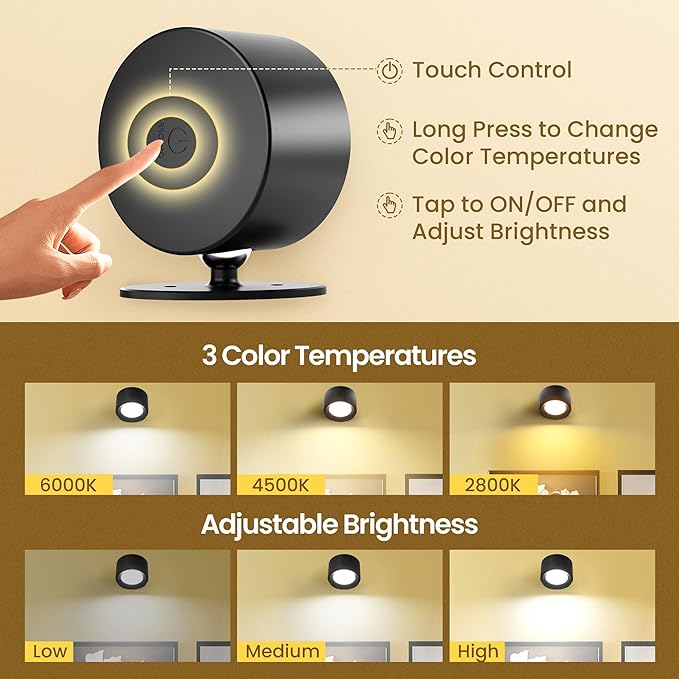 Wall Mounted Lamp LED Wall Lights with Rechargeable Battery Operated, 3 Color Temperatures & 3 Brightness Levels 360°Rotate Magnetic Ball, Cordless Sconces for Bedroom Reading Bedside,Black-3 PACK