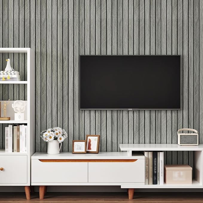 Grey Wood Grain Slat Panels for Interior Wall Decor 200"x23.6" Peel and Stick 3D Textured Fluted Wood Panels Self Adhesive Acoustic Wooden Paneling Wallpaper for Bedroom Living Room Studio