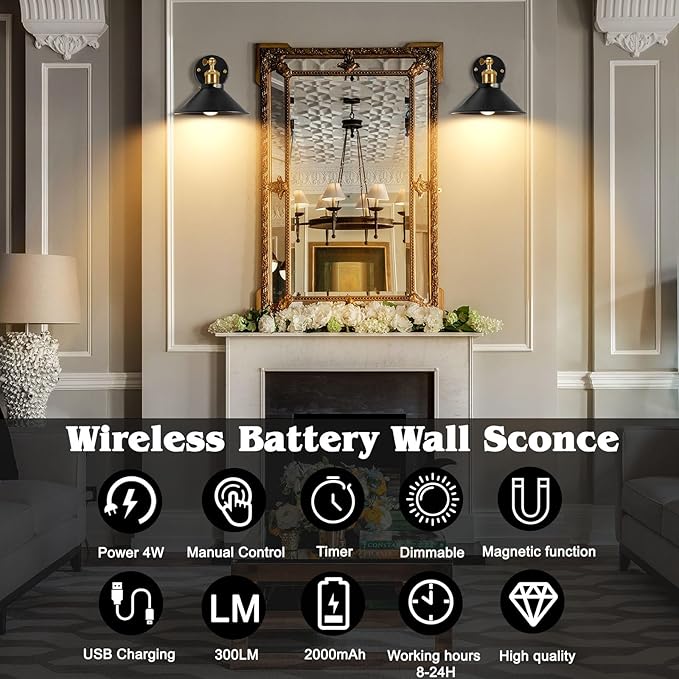 Battery Operated Wall Sconces Set, Wireless Wall Sconces with Dimmable Remote Control, USB Charging, Warm White/Natural White/Daylight/RGB, Wall Lighting for Bedroom, Living Room, Entryway