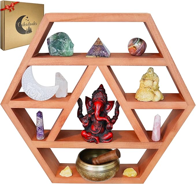 Hexagon Crystal Shelf Display - Large 21" Brown Geometric Altar Shelf for Crystals - Table or Hanging Wood Hexagon Floating Shelves -Boho Crystal Display Shelf & Essential Oils - Spiritual Decor Gifts