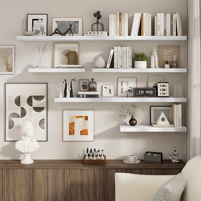 White Floating Shelves 22.5 Inch Long, 8 Inch Deep Floating Shelf Wall Mounted, Rustic Wood Bathroom Shelves for Storage, 22.5x8 Deep Shelf Set of 2 with Invisible Brackets for Books|Storage|Decor
