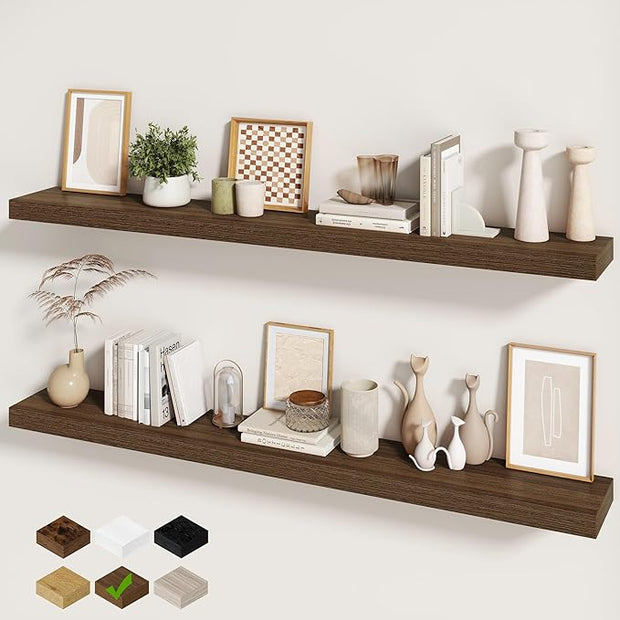 Fun Memories 60 Inch Fireplace Mantel - Long Floating Shelf, Wall Mounted Farmhouse Display with Invisible Heavy Duty Metal Bracket, Walnut, 2 Pack