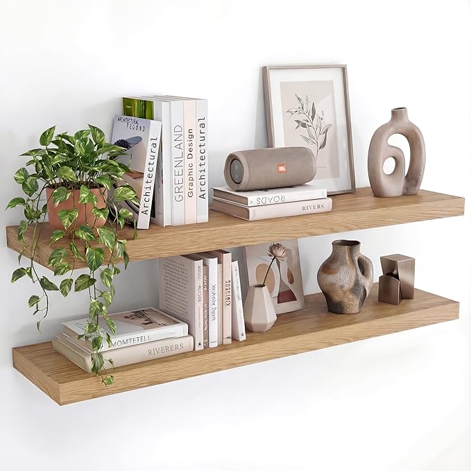 INHABIT UNION Oak Floating Shelves Set of 2，35.43in Wall Mounted Display Ledge Shelves for Bedroom, Bathroom, Living Room and Kitchen Decoration Storage