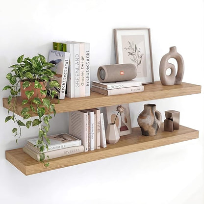 INHABIT UNION Oak Floating Shelves Set of 2，35.43in Wall Mounted Display Ledge Shelves for Bedroom, Bathroom, Living Room and Kitchen Decoration Storage