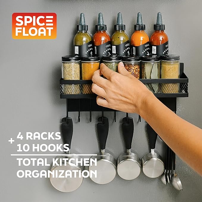 SPICE FLOAT Magnetic Spice Organizer Racks - 4 Premium Metal Racks + 1 Hanging Hook Bar Kitchen Shelf - Seasoning Organizer For Kitchen Appliances (3.94