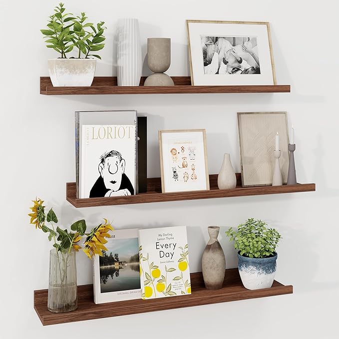 Axeman 30 Inch Floating Shelves | Walnut Picture Ledge Shelf Set of 3 | Rustic Wood Wall Shelves with Lip | 30