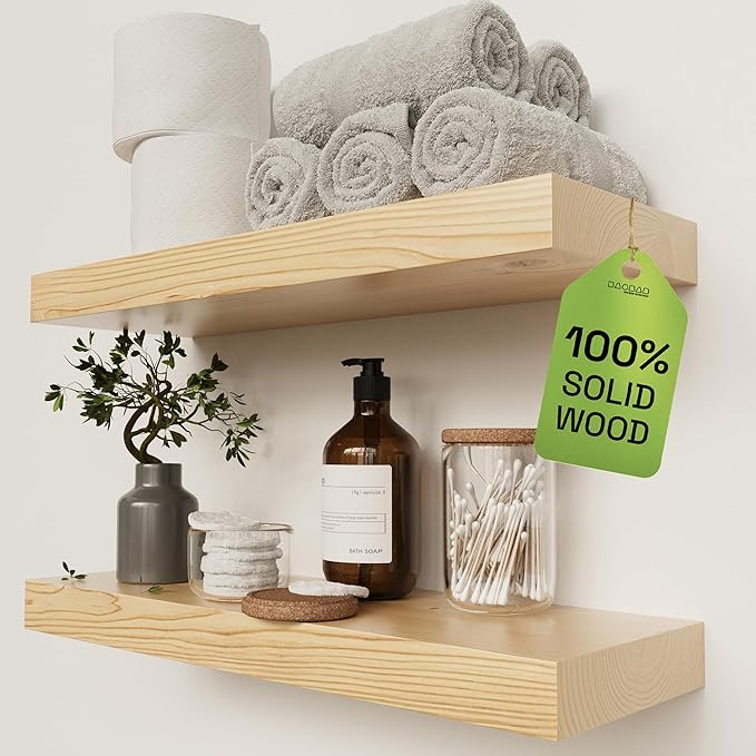 BAOBAB WORKSHOP Solid Wood Floating Shelves for Wall 20 Inch Wide, Wooden Shelf for Bathroom, Light Oak Floating Shelves for Room Wall Mounted Kitchen Farmhouse, Natural Wood, 20W × 6.7D, Set of 2