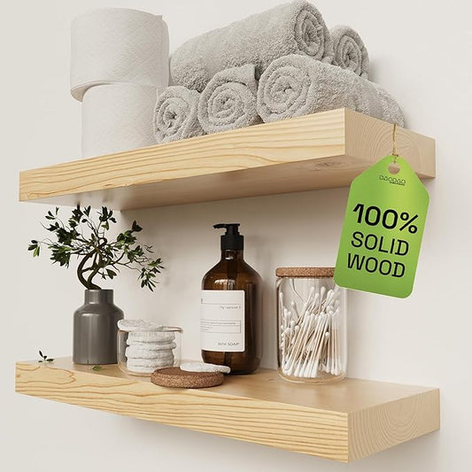 BAOBAB WORKSHOP Solid Wood Floating Shelves for Wall 20 Inch Wide, Wooden Shelf for Bathroom, Light Oak Floating Shelves for Room Wall Mounted Kitchen Farmhouse, Natural Wood, 20W × 6.7D, Set of 2