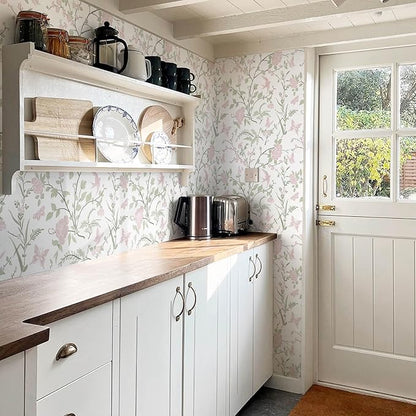 Floral Wallpaper Pink/Green Wallpaper Vintage Peel and Stick Wall Paper Boho Botanical Contact Paper for Cabinets Bird Butterfly Renter Friendly Self-Adhesive Bathroom Bedroom 78.7"×17.3"