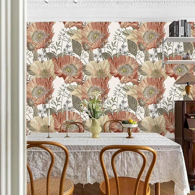 Livebor Floral Wallpaper Peel and Stick Boho Large Floral Peel and Stick Wallpaper Vintage Multicolor Flower Contact Paper 17.7'' x 196.8'' Self Adhesive Wall Paper for Bathroom Wall Covering Decor