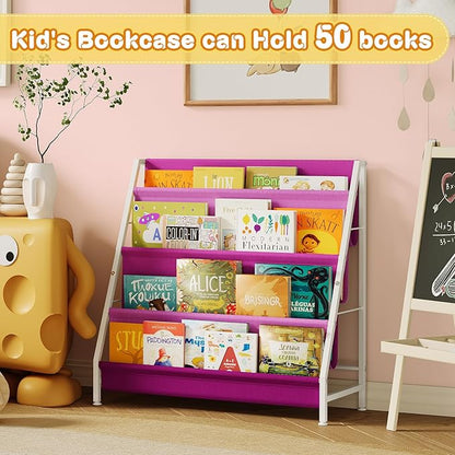 Kids Bookshelf for Kids Rooms, 4-Tier Montessori Bookshelf,Nursery Book Shelves,Pink Toddler Bookshelf, Metal Kid's Book Storage Organizer for Girls Room Furniture Playroom Kindergarten