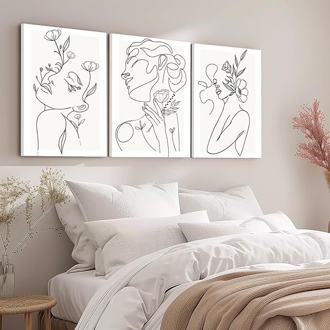 yulihaz Minimalist Woman Flower Line Wall Art Large Framed 16x24 inch Set of 3 Neutral Modern Abstract Black and White Girl Plant Canvas Painting Print Picture Decor for Bedroom Living Room