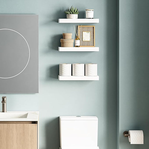 Ballucci Floating Shelves, 16" Wood Wall Shelf Set of 3, Invisible Brackets Floating Shelf for Wall Decor Living Room, Bathroom, Bedroom, Kitchen, 6" Depth, White