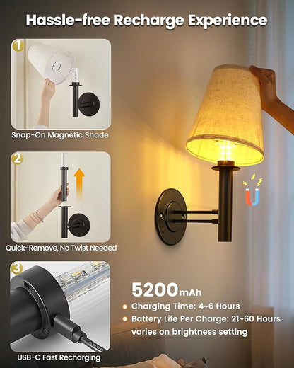 Rechargeable Battery Operated Wall Sconce Set of 2, Wireless LED Wall Lights with Remote & Touch Control, Wall Mounted Lamp Lighting Fixtures for Bedroom Living Room, Matte Black