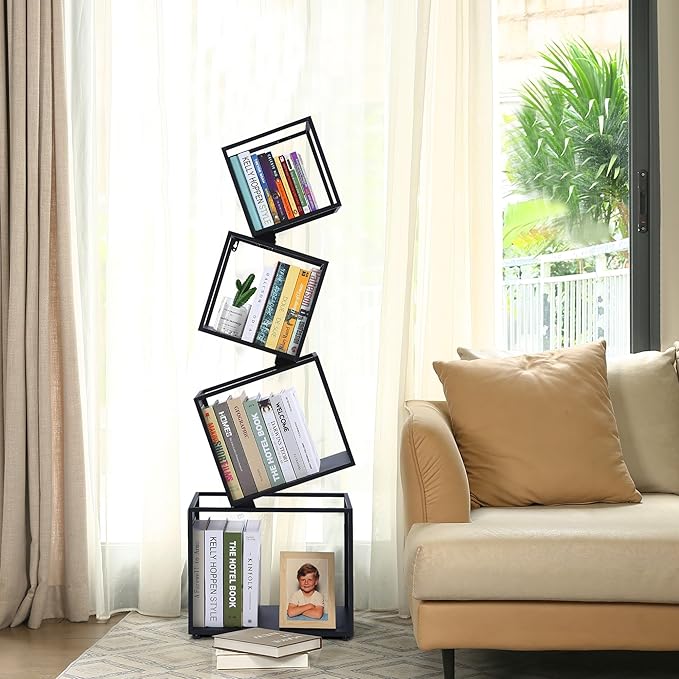 Bookshelf, 4-Tier Geometric Black Bookcase, 49" Tall Modern Corner Bookshelf, Storage Shelves for CDs/Books/Home Decor, Display Shelf for Living Room, Bedroom, Study Room, Nursery Room, Home Office