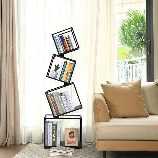 Bookshelf, 4-Tier Geometric Black Bookcase, 49" Tall Modern Corner Bookshelf, Storage Shelves for CDs/Books/Home Decor, Display Shelf for Living Room, Bedroom, Study Room, Nursery Room, Home Office
