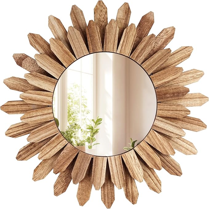 12 Inch Wall Mirror, Boho Wall Decor, Rustic Wood Mirror, Boho Mirror for Wall Art Bedroom Living Room Bathroom House Warming Gifts New Home(Carbonized Black)
