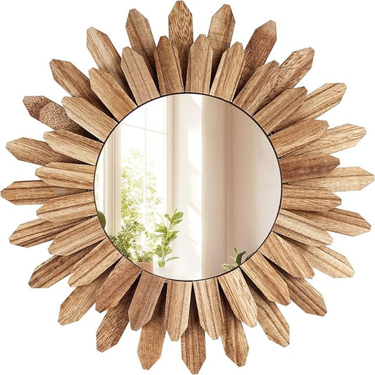 12 Inch Wall Mirror, Boho Wall Decor, Rustic Wood Mirror, Boho Mirror for Wall Art Bedroom Living Room Bathroom House Warming Gifts New Home(Carbonized Black)
