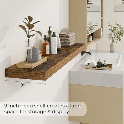 Dreamland 48 Inches Floating Shelves for Wall, 9.3 Inch Deep Floating Shelves Set of 2, Large Display & Storage Shelf, Wall Shelf for Bathroom Bedroom Living Room Kitchen Office,Rustic Brown
