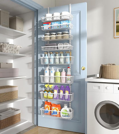 Over The Door Pantry Organizer, Pantry Organization and Storage, 8-Tier Deep Baskets Hanging Heavy-Duty Metal, Wall Spice Rack Seasoning Shelves for Home & Kitchen, Laundry Room Bathroom, White