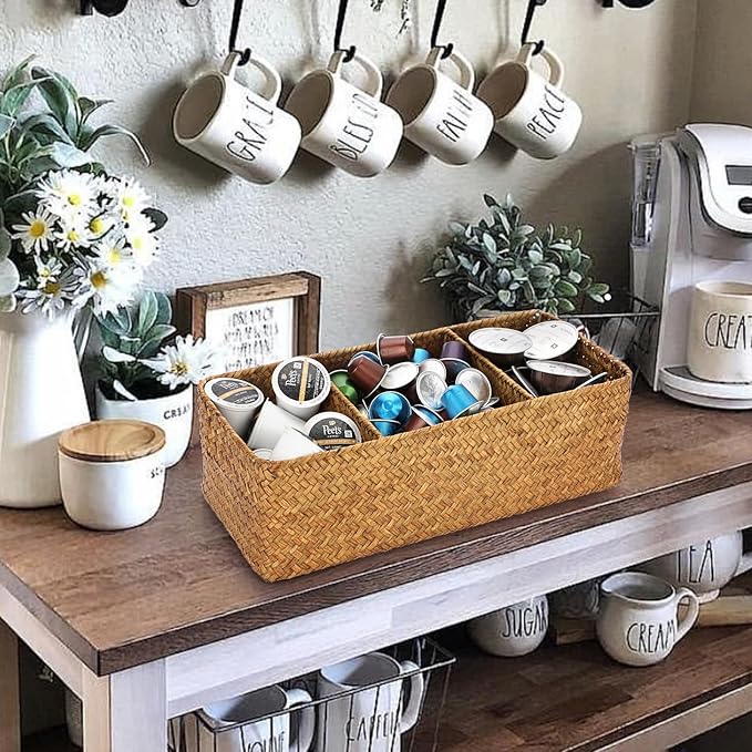 ELLDOO Woven Seagrass Wicker Rattan Storage Basket, Large Capacity Coffee Pod Holder Organizer for K Cup Nespresso Pods, 3-Section Seagrass Storage Box for Coffee bar Shelves Kitchen Cabinets,Brown
