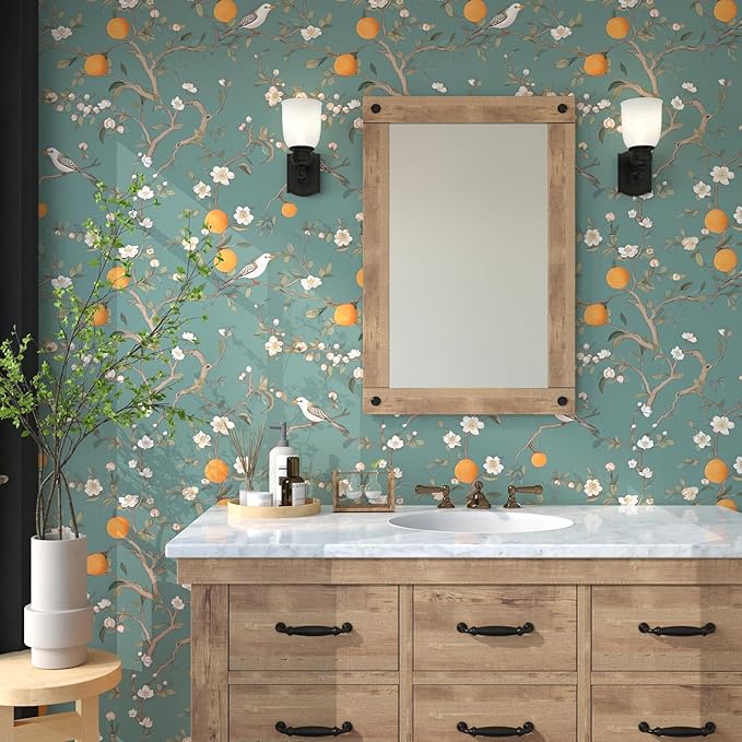Green Floral Wallpaper Peel and Stick, Birds & Orange Fruits Contact Paper 17.5
