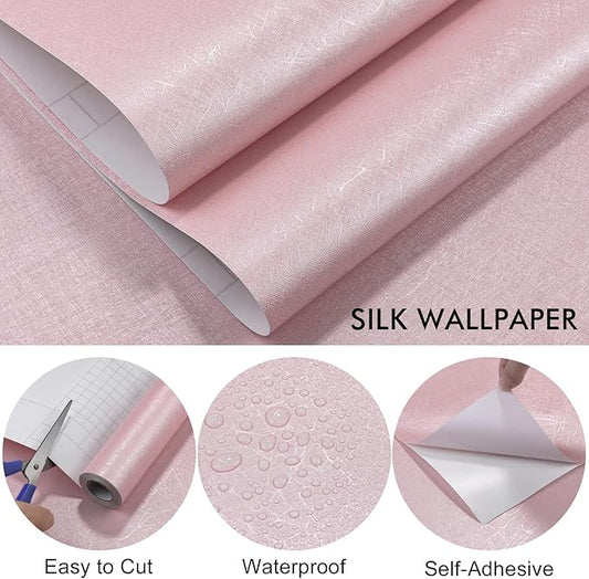 Pink Silk Wallpaper Embossed Peel and Stick Wallpaper A Set of 17.7 inch X 480 inch Textured Self-Adhesive Removable Contact Paper Waterproof Vinyl Roll for Bedroom Cabinet Furniture