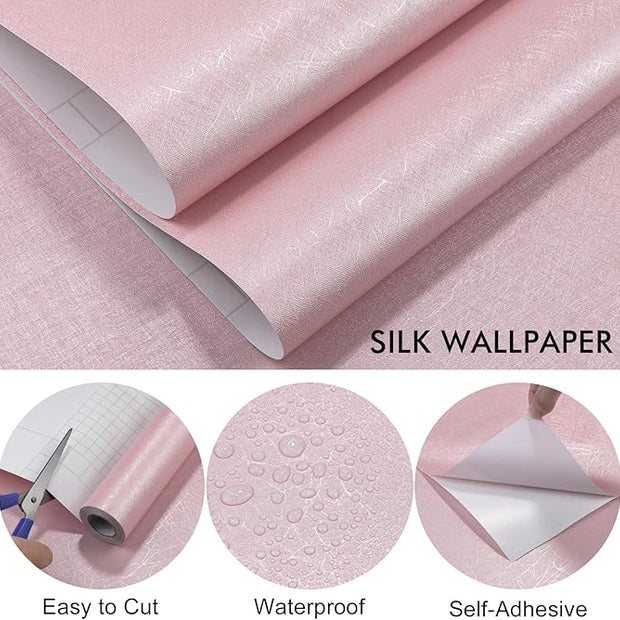 Pink Silk Wallpaper Embossed Peel and Stick Wallpaper A Set of 17.7 inch X 480 inch Textured Self-Adhesive Removable Contact Paper Waterproof Vinyl Roll for Bedroom Cabinet Furniture
