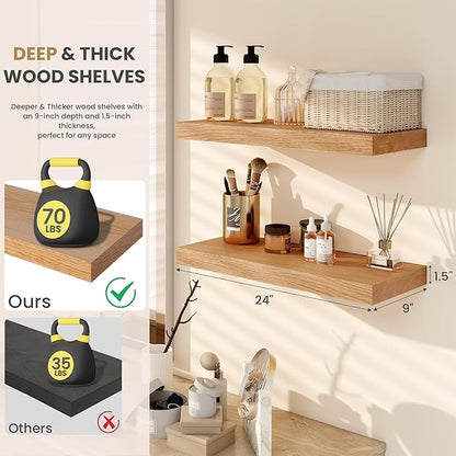 RICHFOCUS Floating Shelves for Wall 24 Inch Solid USA-Sourced Oak Wooden Shelves for Bathroom Kitchen 9" Deep Modern Wood Shelf with Heavy-Duty Bracket for Wall Mounted, Natural Finish
