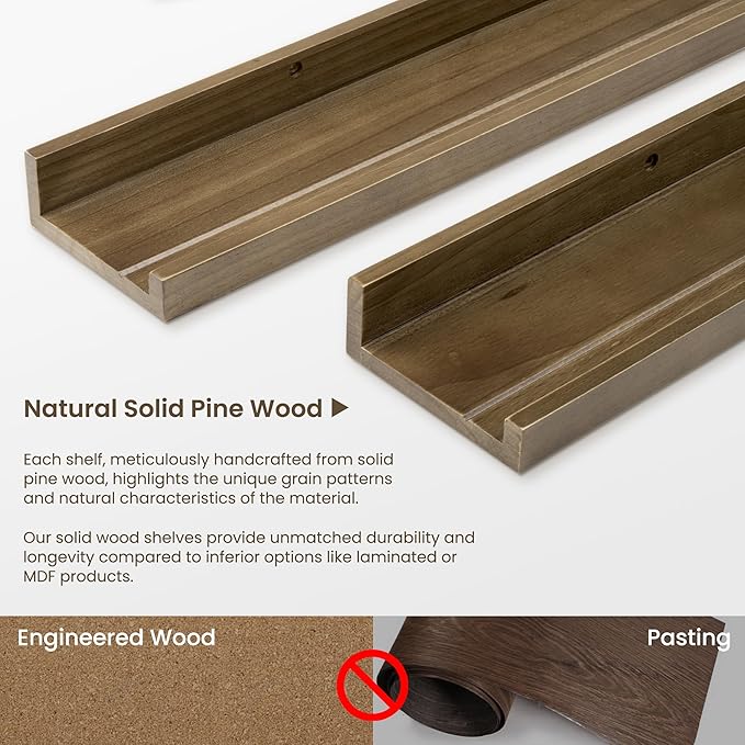Fun Memories Picture Ledge Shelf, Pine Wood Floating Shelves Set of 2, 36 inch Nursery Book Shelves, Photo Ledge Book Shelves Wall Mounted for Living Room Kids' Room Bedroom - Light Brown