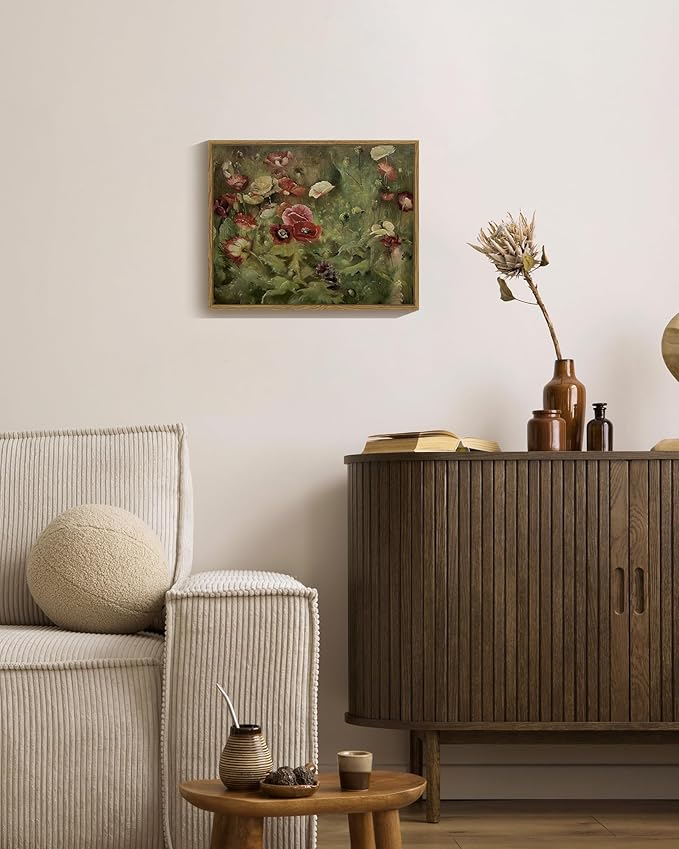 SHENIFY Vintage Landscape Framed Canvas Wall Art Poppies Flower Classic Wall Prints Modern Kitchen Bathroom Office Decor - 11x14in Natural Framed