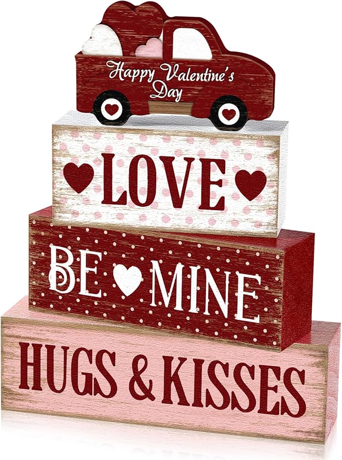 Marsui 4 Pcs Valentine's Day Decorations Truck Wooden Signs Rustic Distressed Table Decor Valentines Centerpieces Blocks Farmhouse Tiered Tray Decor Happy Valentine Day Decorations for Home Desk Shelf