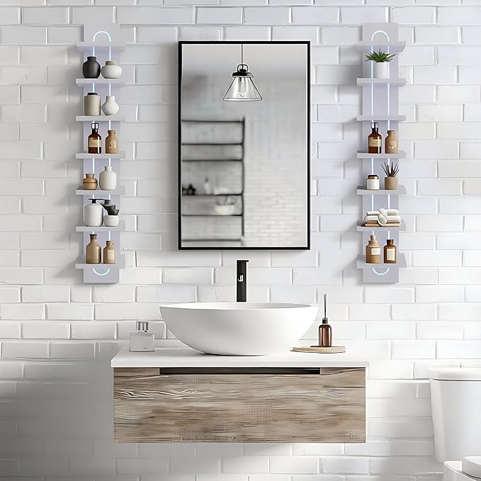 7 Tier Wall Shelf Unit with Light-Small Floating Shelves for Home Decor, Modern Unique Asymmetric Design for Bedroom & Living Room Storage