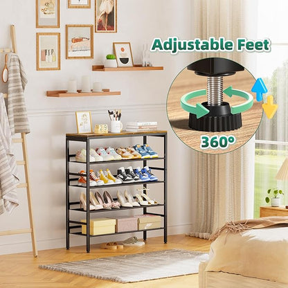 Shoe Rack for Entryway, 5 Tier Shoe Rack Organizer with Storage Shelves and Spacious Top, Rustic Brown