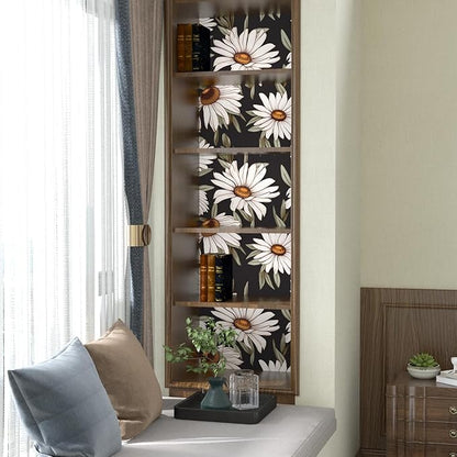 Daisy Floral Wallpaper Peel and Stick Boho Wallpaper for Countertop 17.5in x 393in Vintage Contact Paper Vinyl Waterproof Self-Adhesive Dark Black Modern Wall Paper for Bedroom Walls Drawer Bathroom