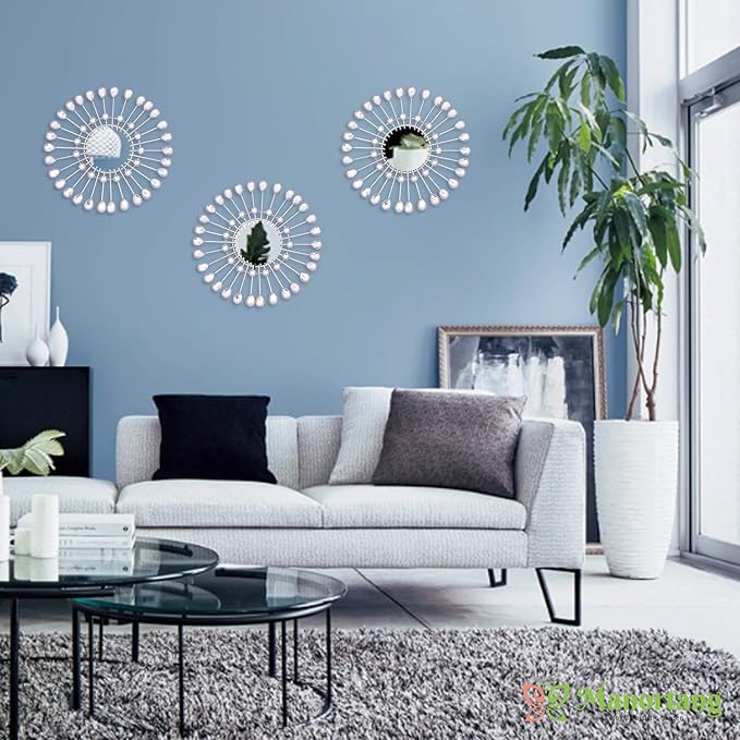 Silver Mirrors 3 PCE, 9 inchSunburst Mirror Hanging Wall Decor, Valentine Decorative Mirror Wall Art, Round Mirrors for Bedroom Living Room Bathroom Kitchen, Warming Valentine Gifts